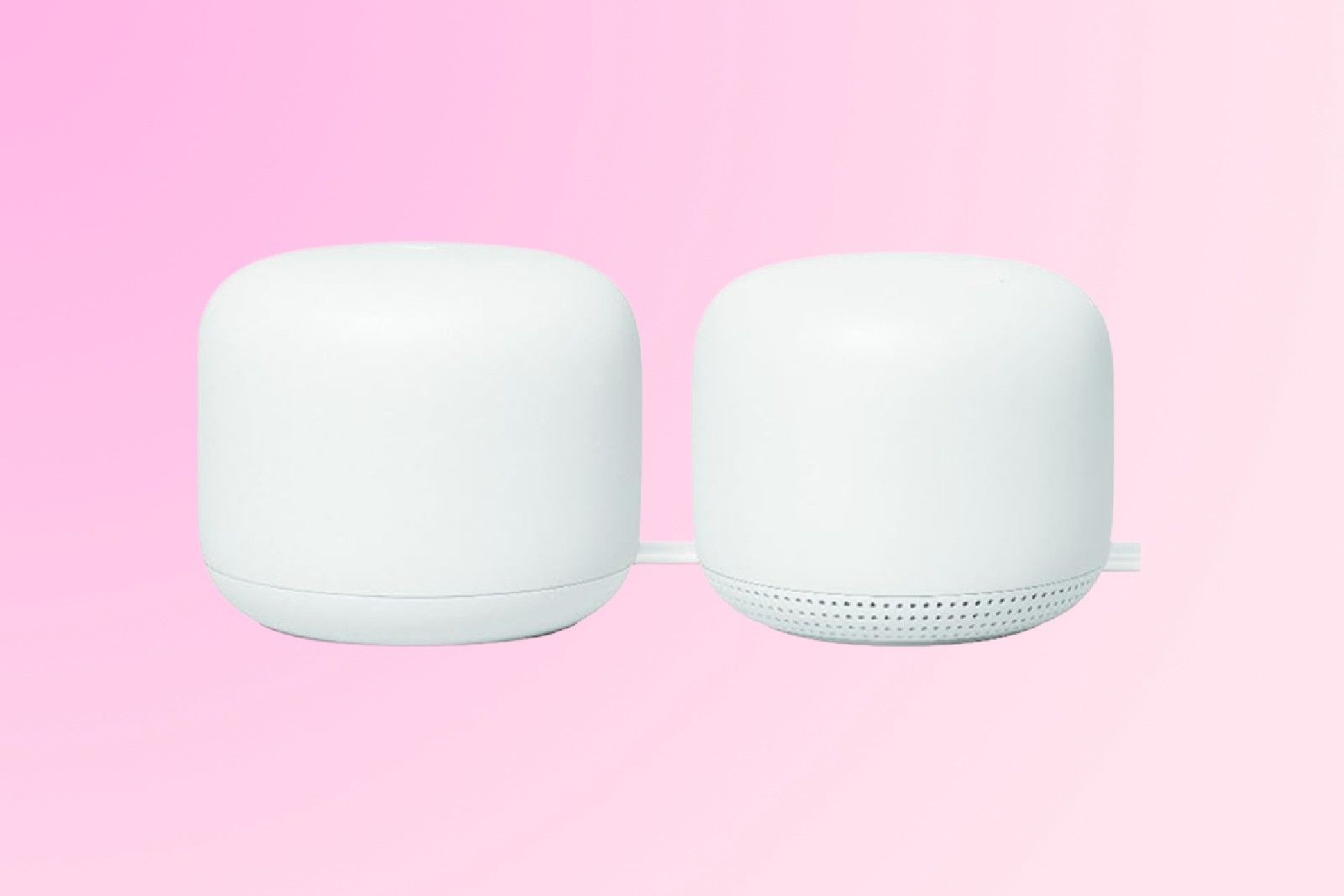 Google Nest mesh Wi-Fi against a pink background