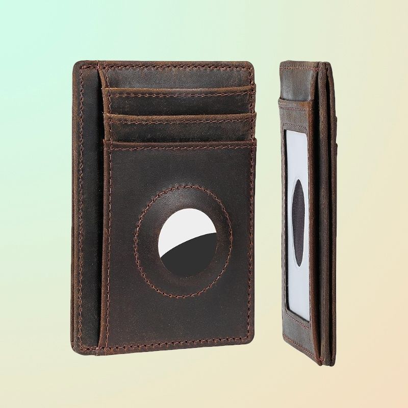 Two slim leather wallets with front sleeves and a cut-out for an AirTag.