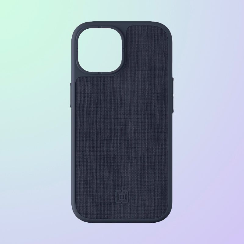 A dark blue fabric phone case with textile back and camera cutout in the top left.