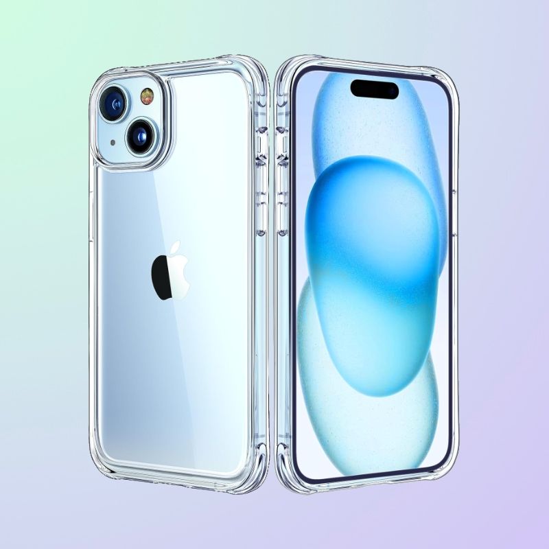 One iPhone with it's back visible and another with its screen visible in clear cases.