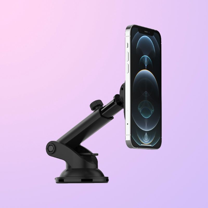 A black plastic adjustable arm with an iPhone attached at the front magnetically.