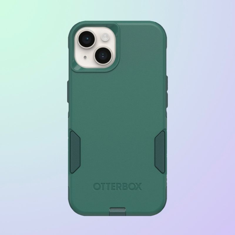 A grayish green phone case over an iPhone with two cameras visible.