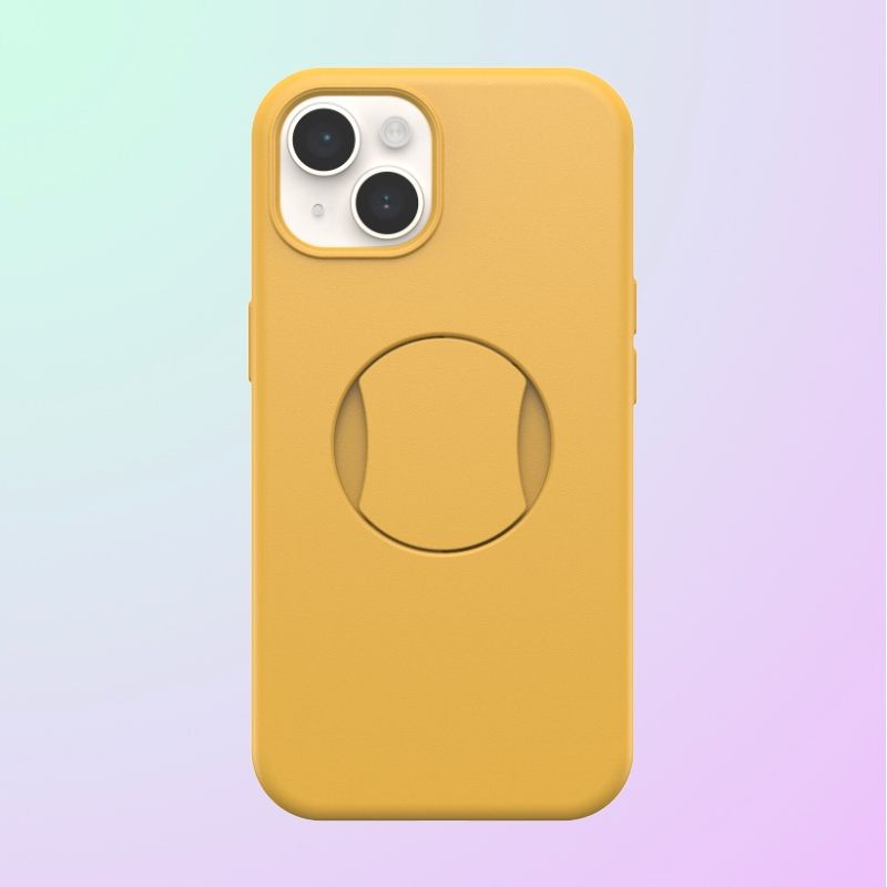 A yellow phone case with a circular grip flat against the back of the case.