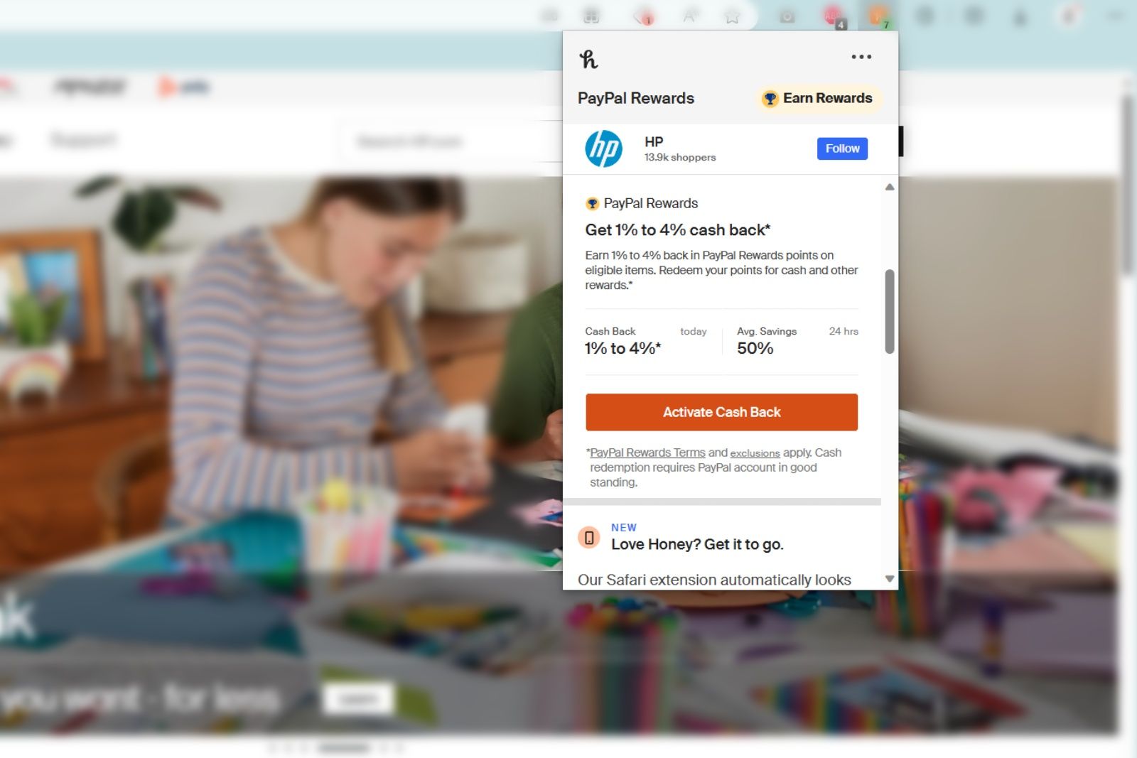 screenshot of PayPal Honey extension used on Chrome