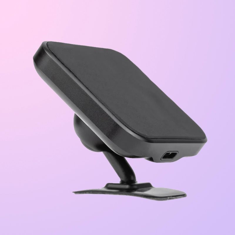 A rounded, square aluminum car mount with a charging port at the bottom.