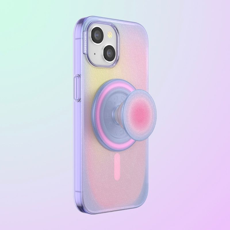 A blue-ish, pink case on an iPhone with cameras visible and a grip jutting out of the back.