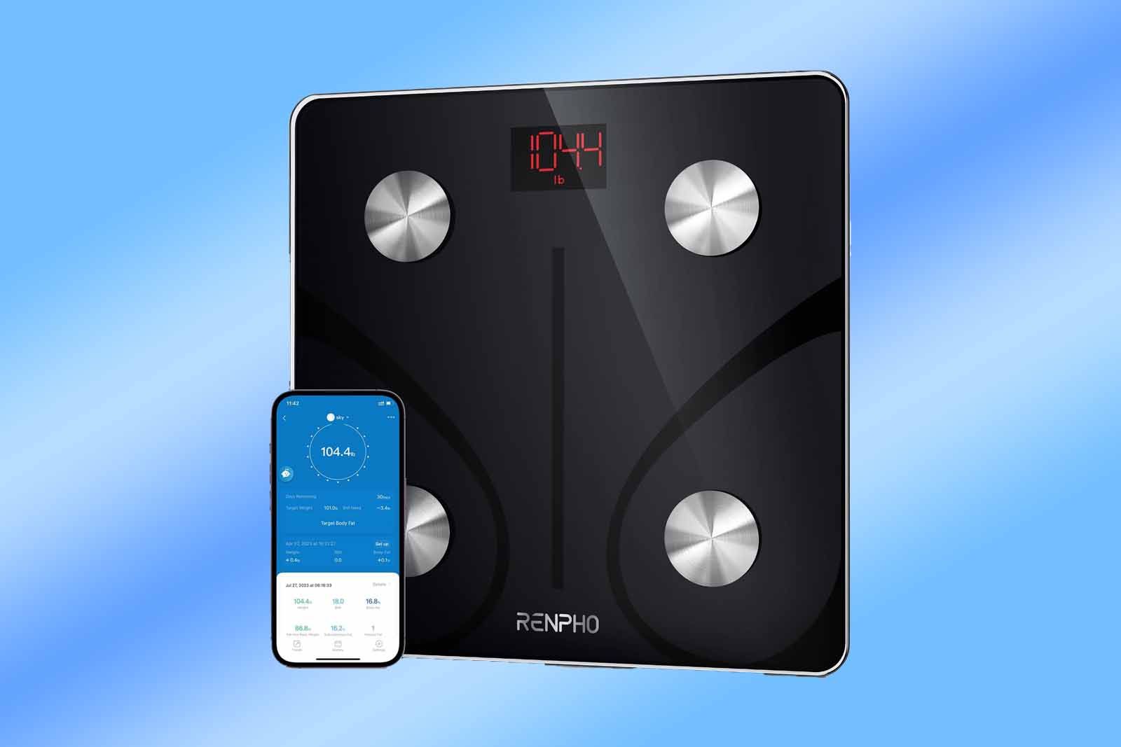 Renpho smart scale on a blue gradient background