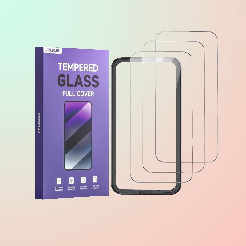 Three glass screen protectors floating in front of a black alignment tool and a blue box.