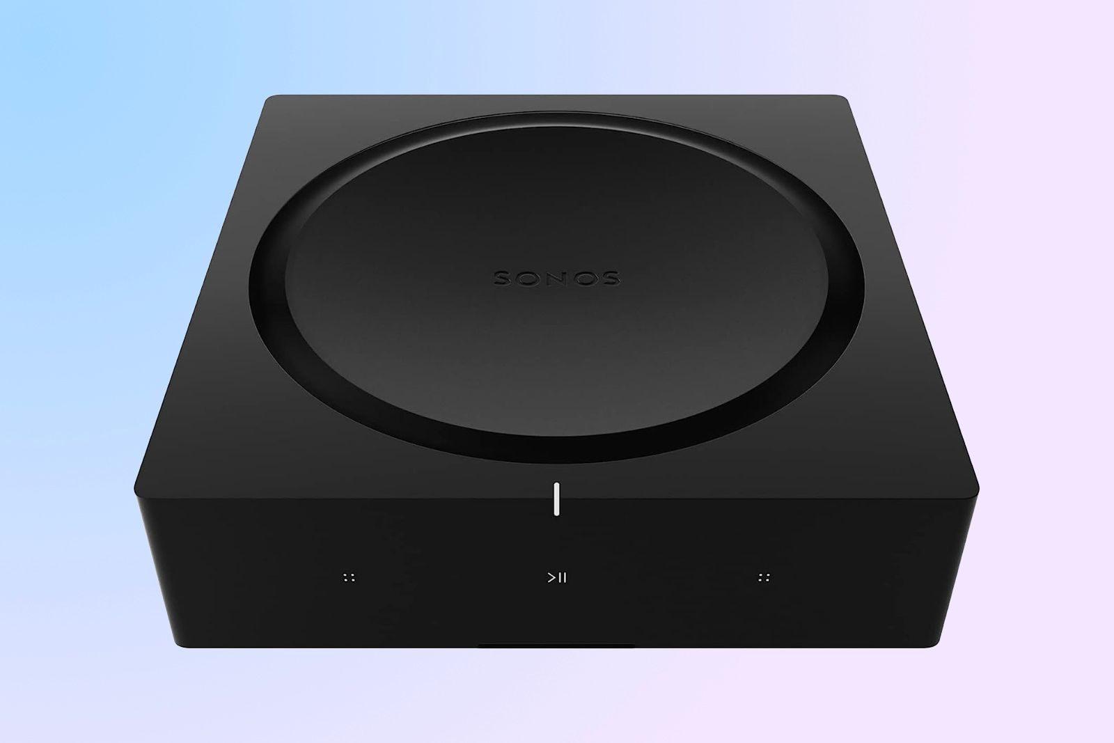 A balck square Sonos Amp with capacitive buttons on the front, and a circular cut-out on the top.