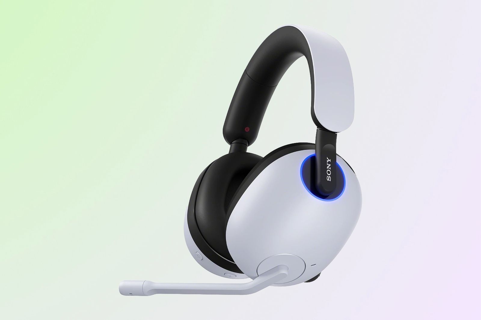 White headphones with a mic that just out of the side on a greenish-blue background.