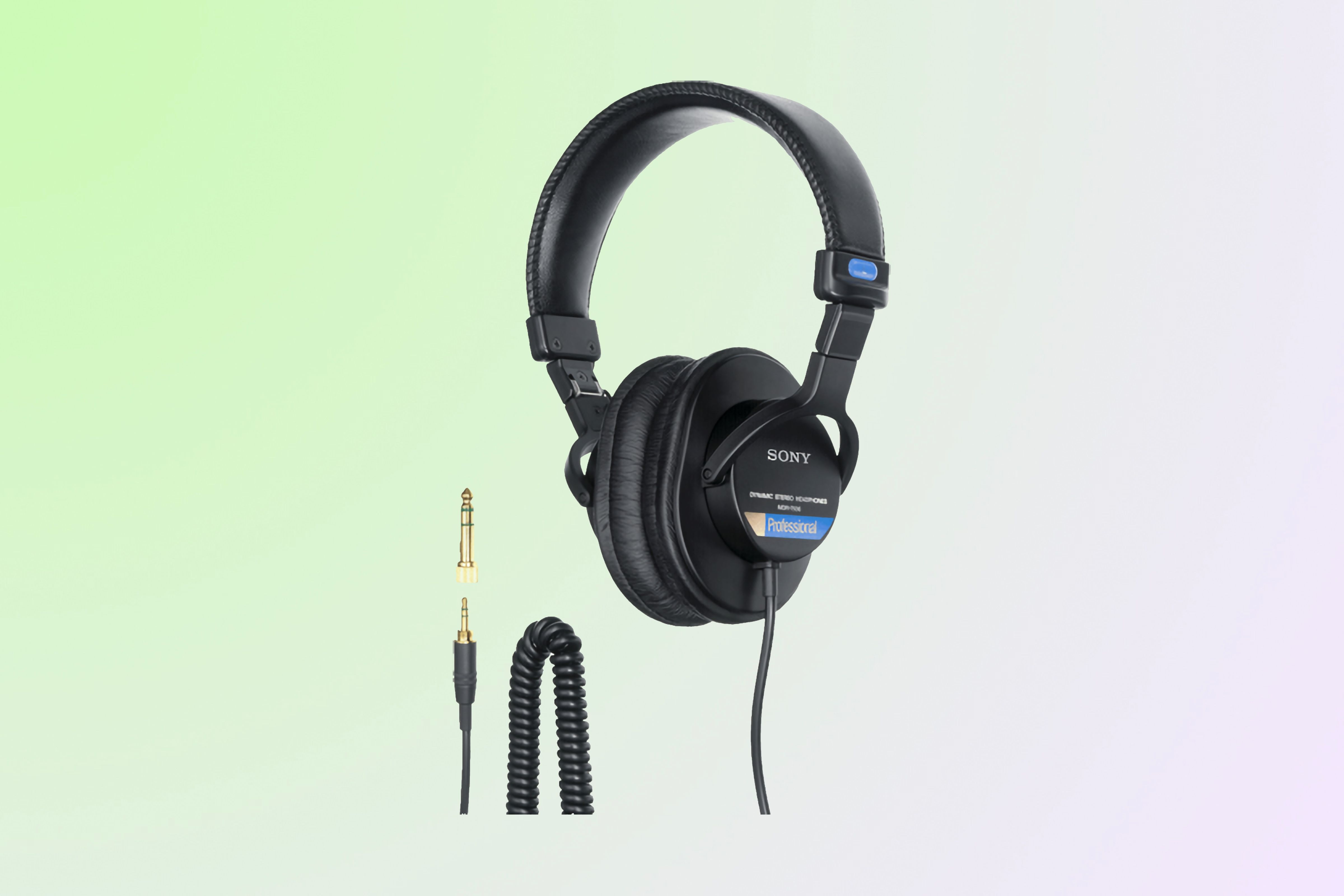 Black heaphones with a long coiled cable and cushion-y ear cups.