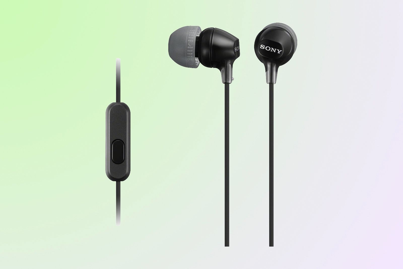 Two headphone earbuds and a ovular microphone capsule on a bluish-green baclkground.