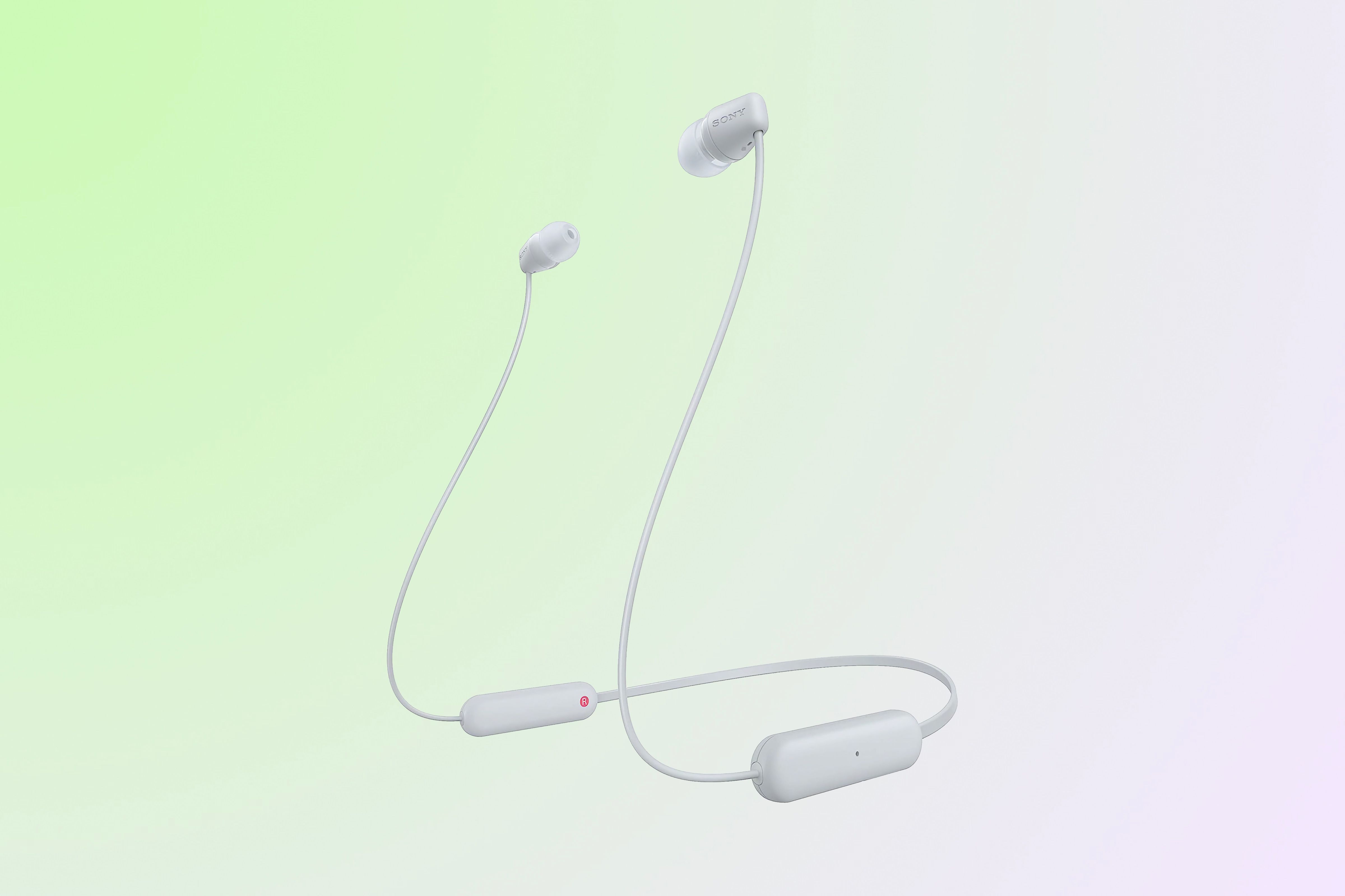 Wireless earbuds on a white cord with battery capsules on a bluish-green background.