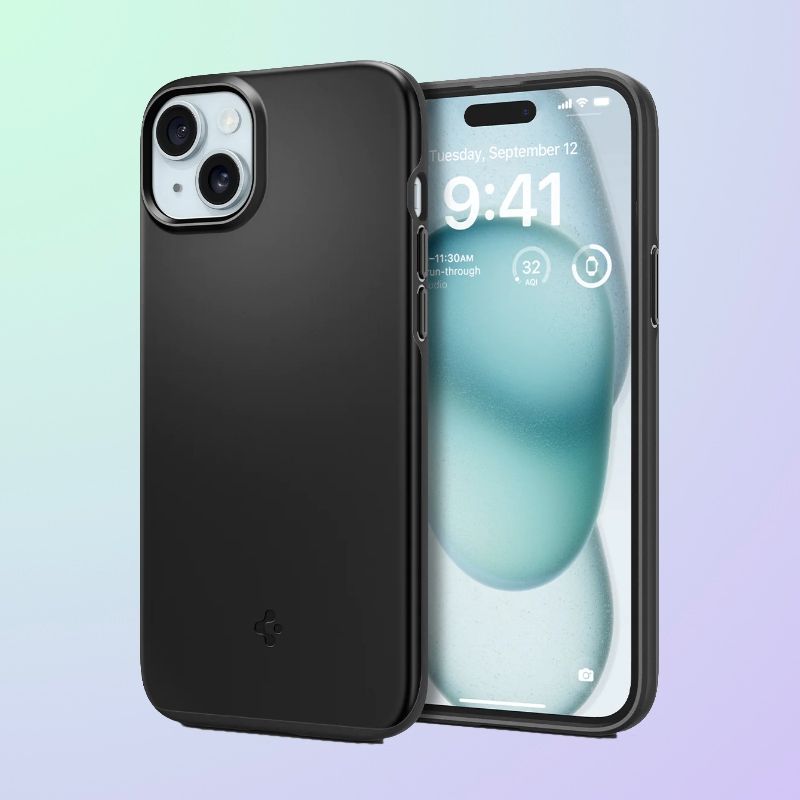 The front and back of an iPhone in a thin black case.