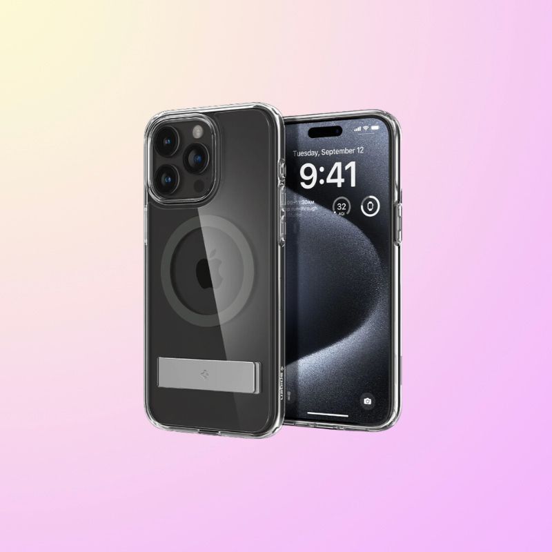 Spigen Ultra Hybrid S iPhone 15 Pro case on gradient background