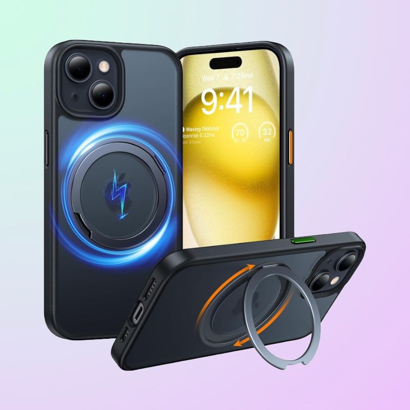 Three phones in cases, with one of them horizontal, with circular ring stands on the back.