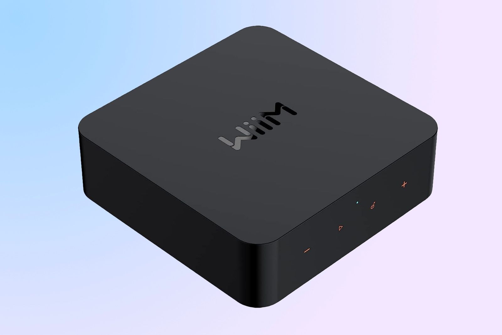 A rounded, black, square adapter with WiiM on the top and capacitive on the side.