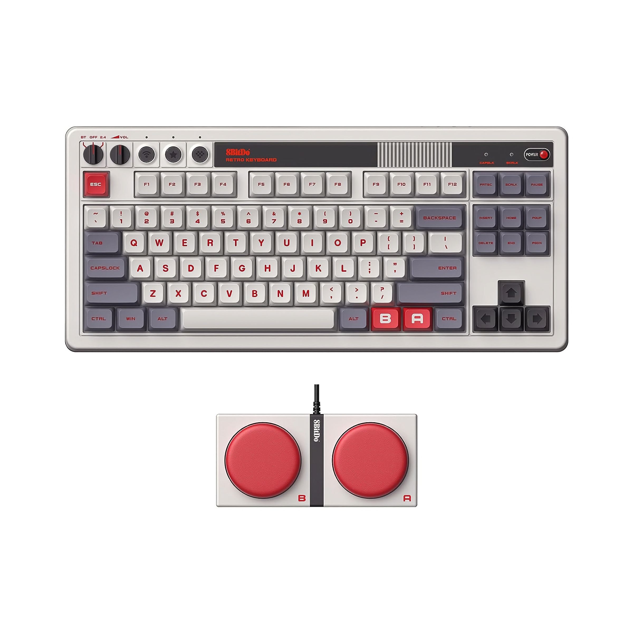 A NES-inspired mechanical keyboard with red, grey, and black buttons.