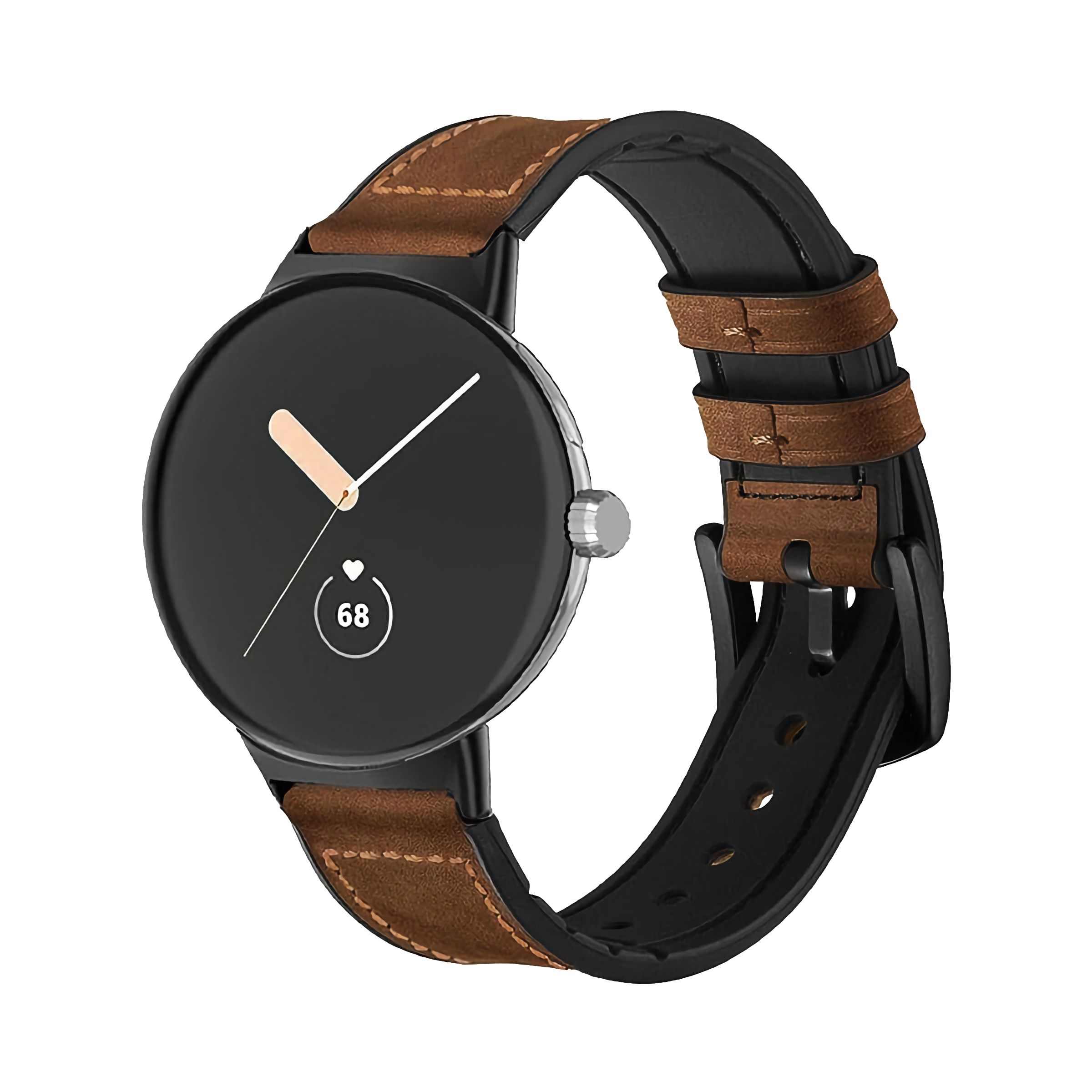 A brown leather band with a metal buckle attached to a round smartwatch.