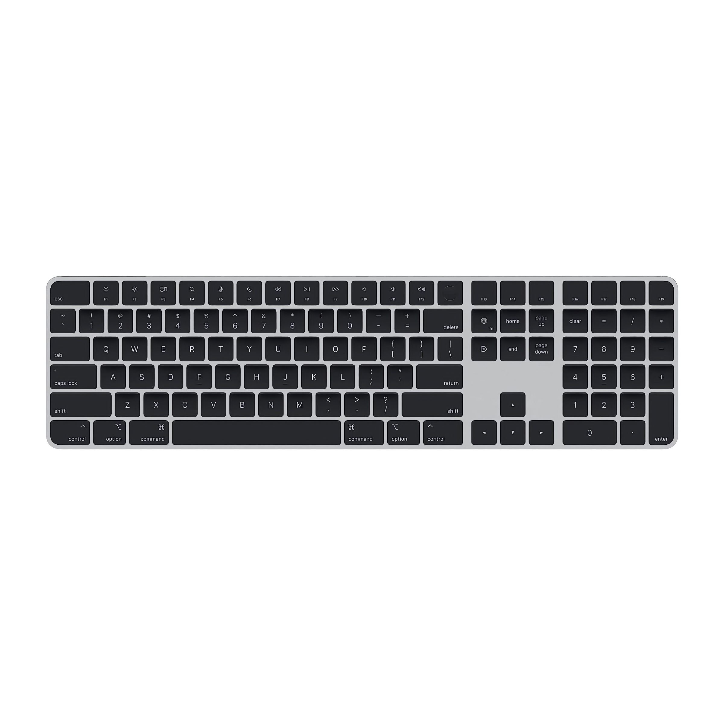 A silver keyboard with a keypad and black keys.