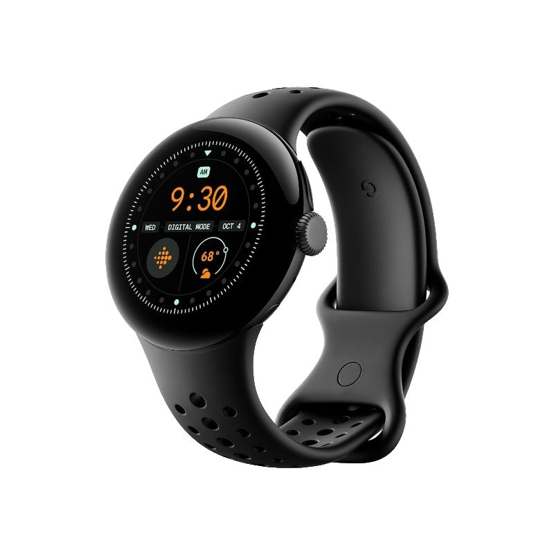 A rubber sport band with holes, attached to a smartwatch.