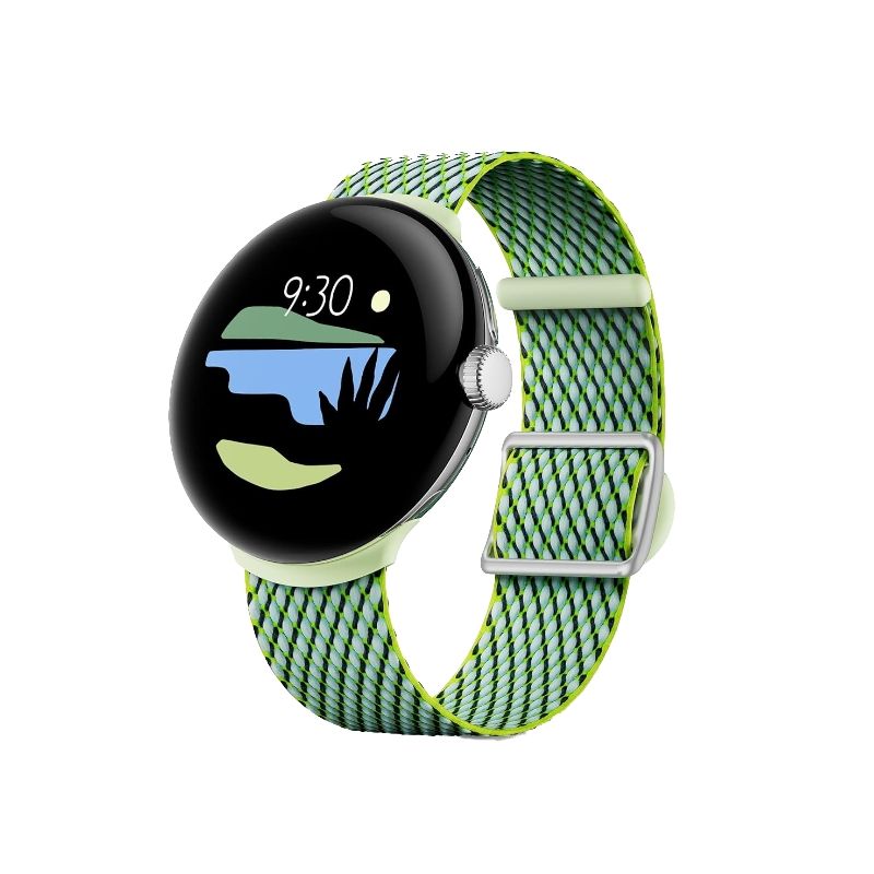 A woven yarn watch band connected to a round smartwatch with a clock on its screen.