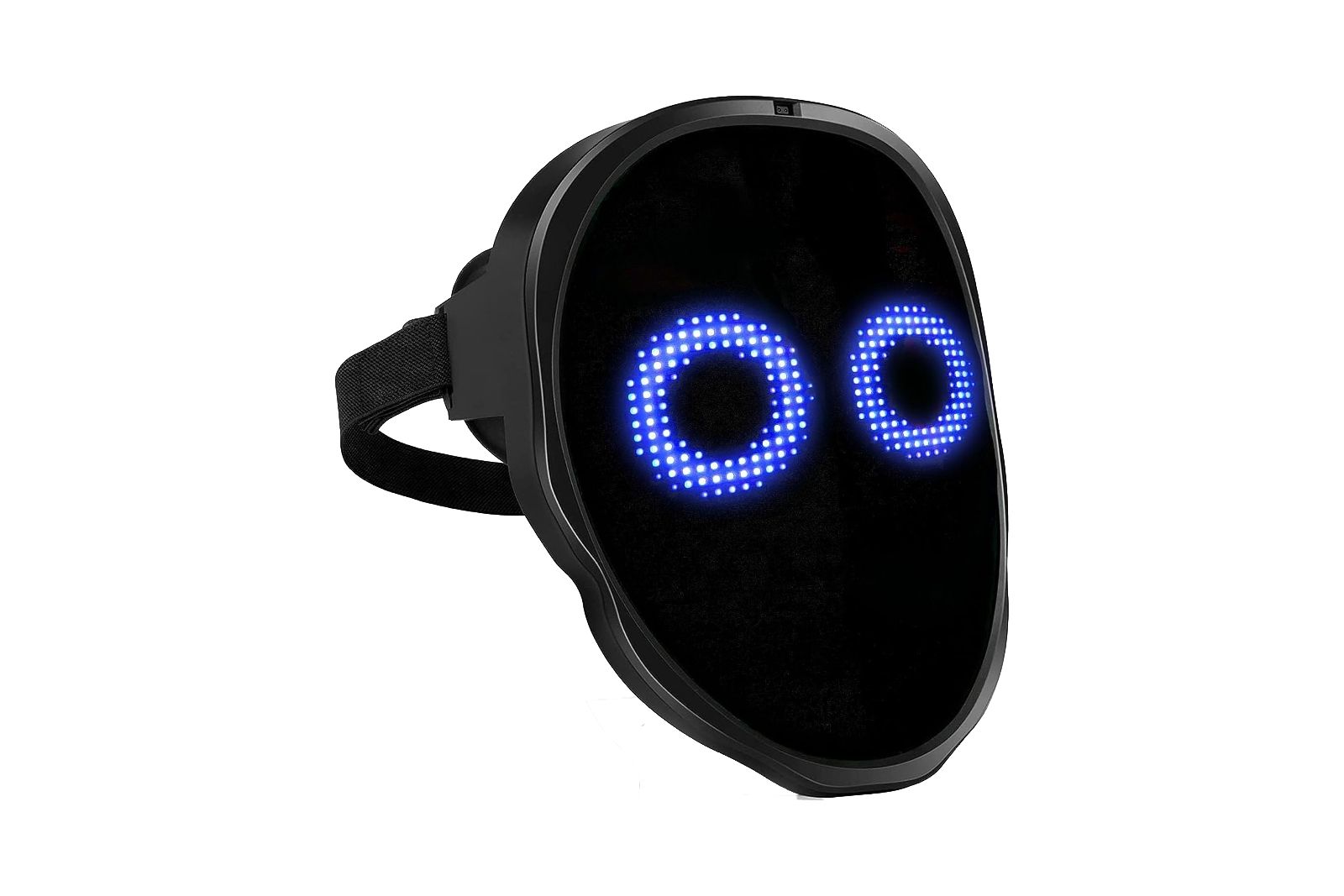 A black mask with an elastic strap and an LED display on the front.