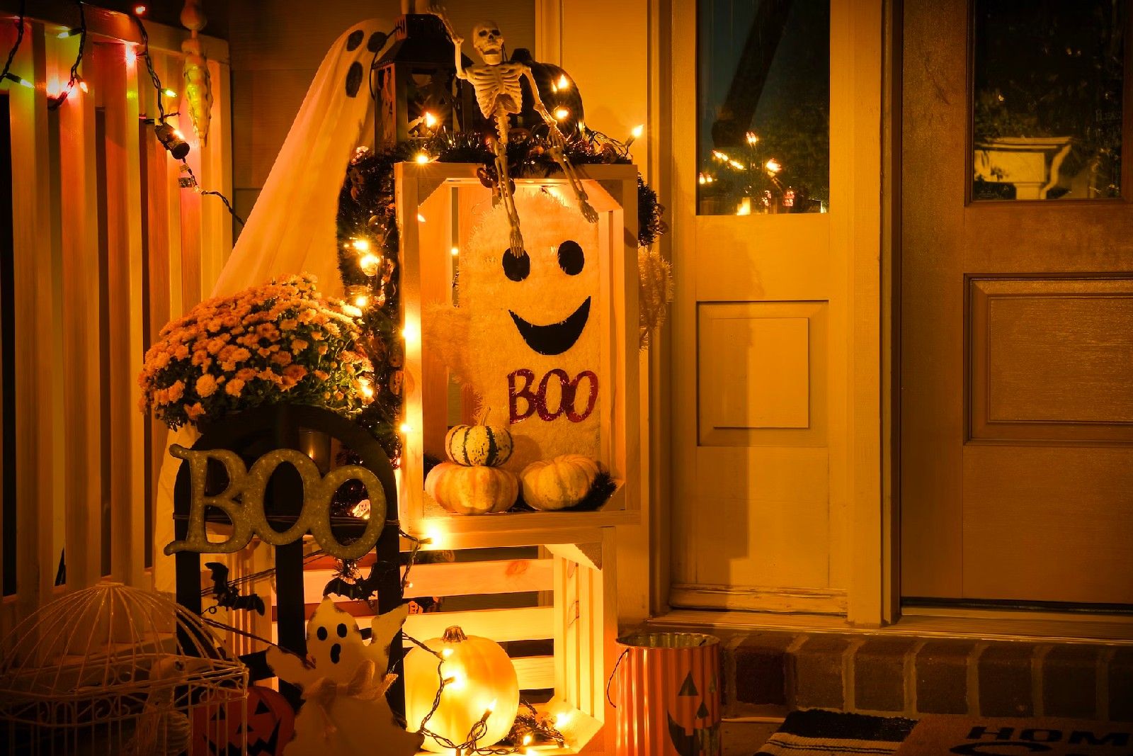 Halloween lights and tech on a front porch 