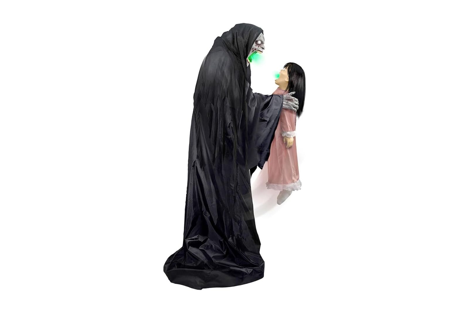 A tall hooded figure holding a small girl and sucking her soul out.