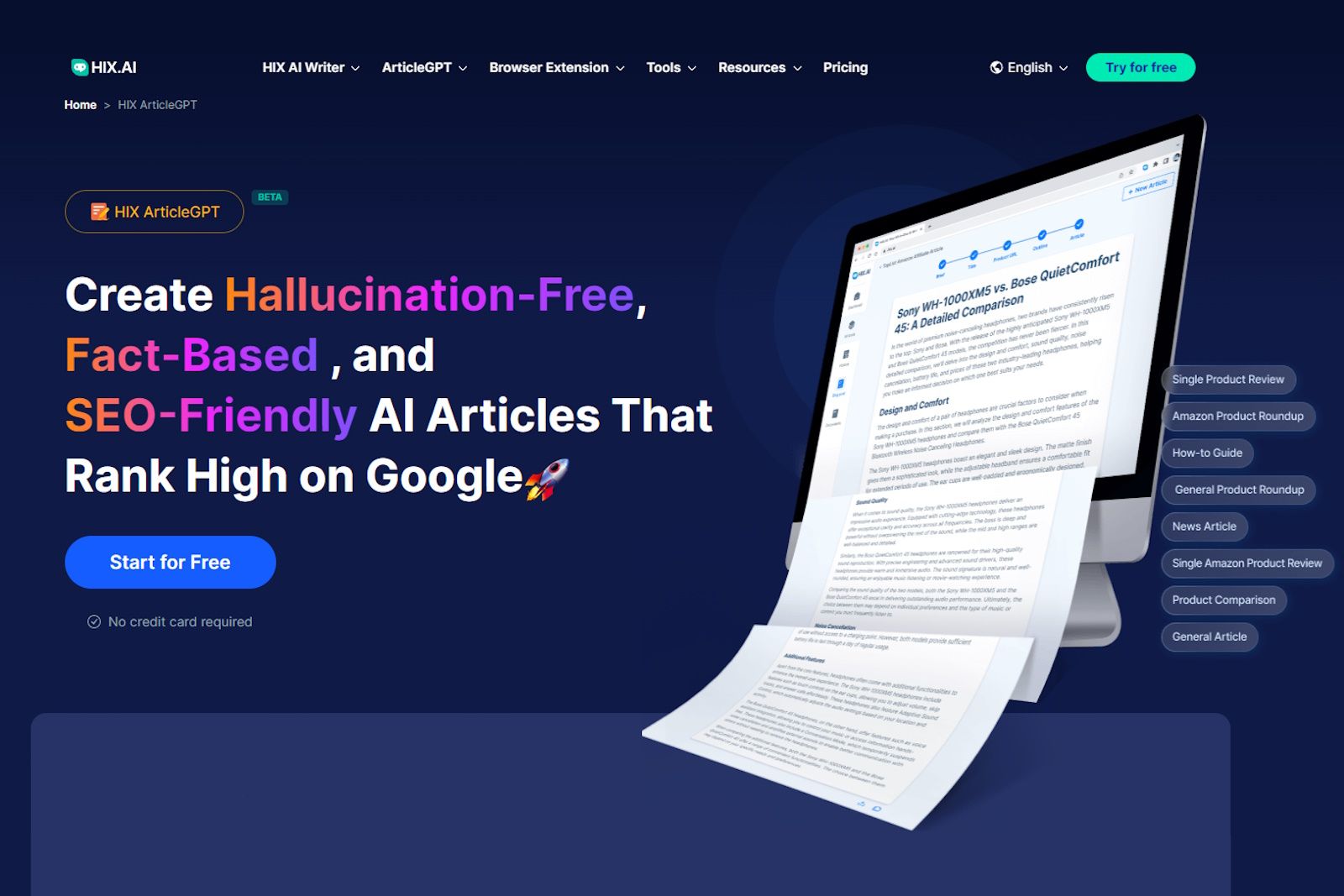 hix ai article writer homepage of website