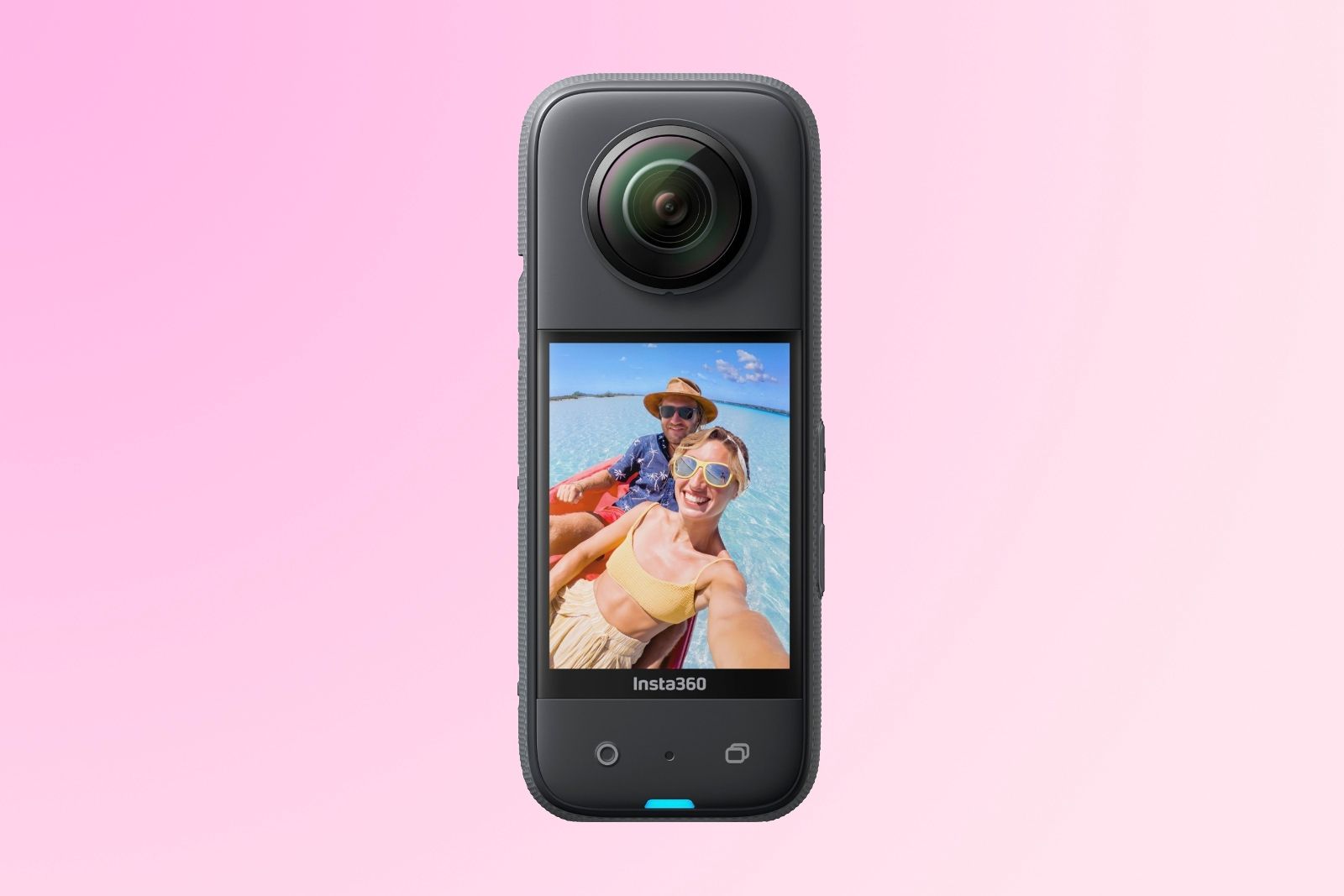 A vertical camera with a bulbous lens and a portrait screen with an image of people on the front.