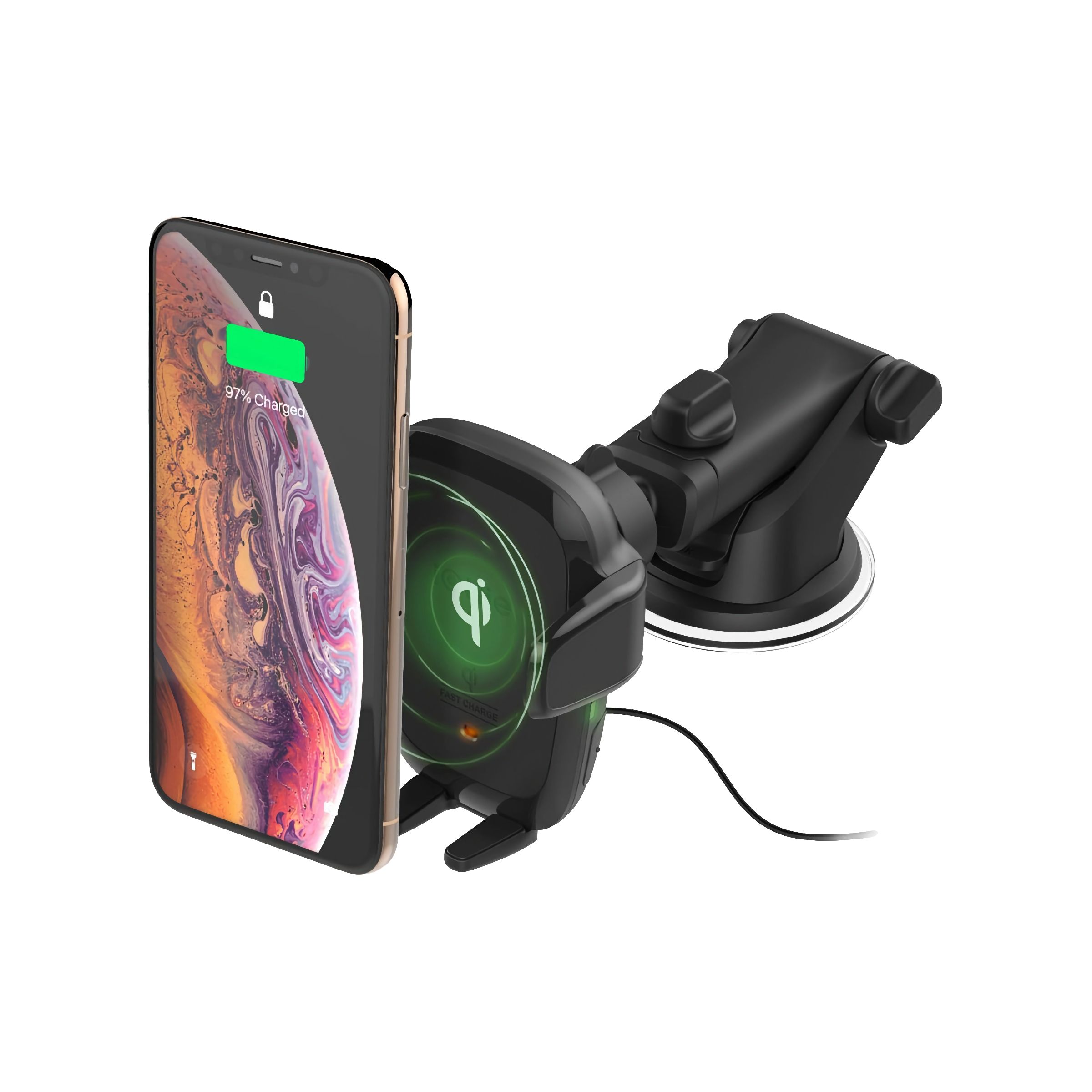 There's a black car charger on the telescoping arm, with a cable coming out of the bottom.