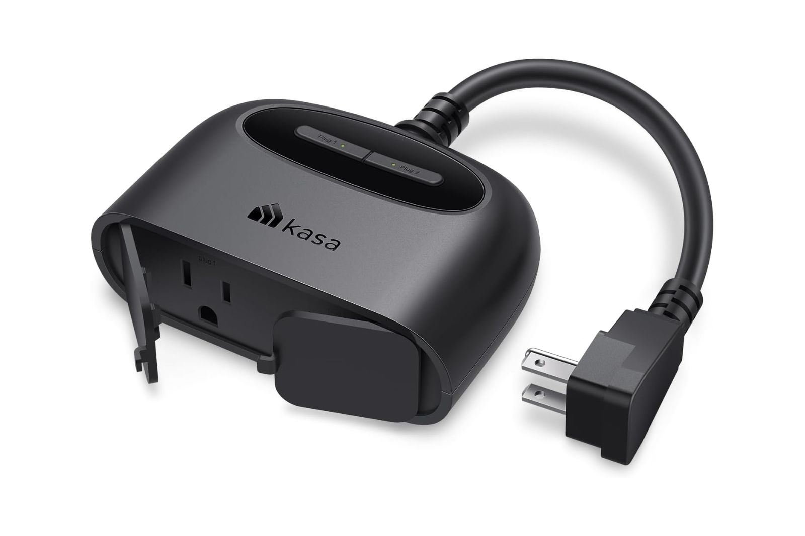 A black plug with two outlets, buttons on the top, and a cord coming out of the back.