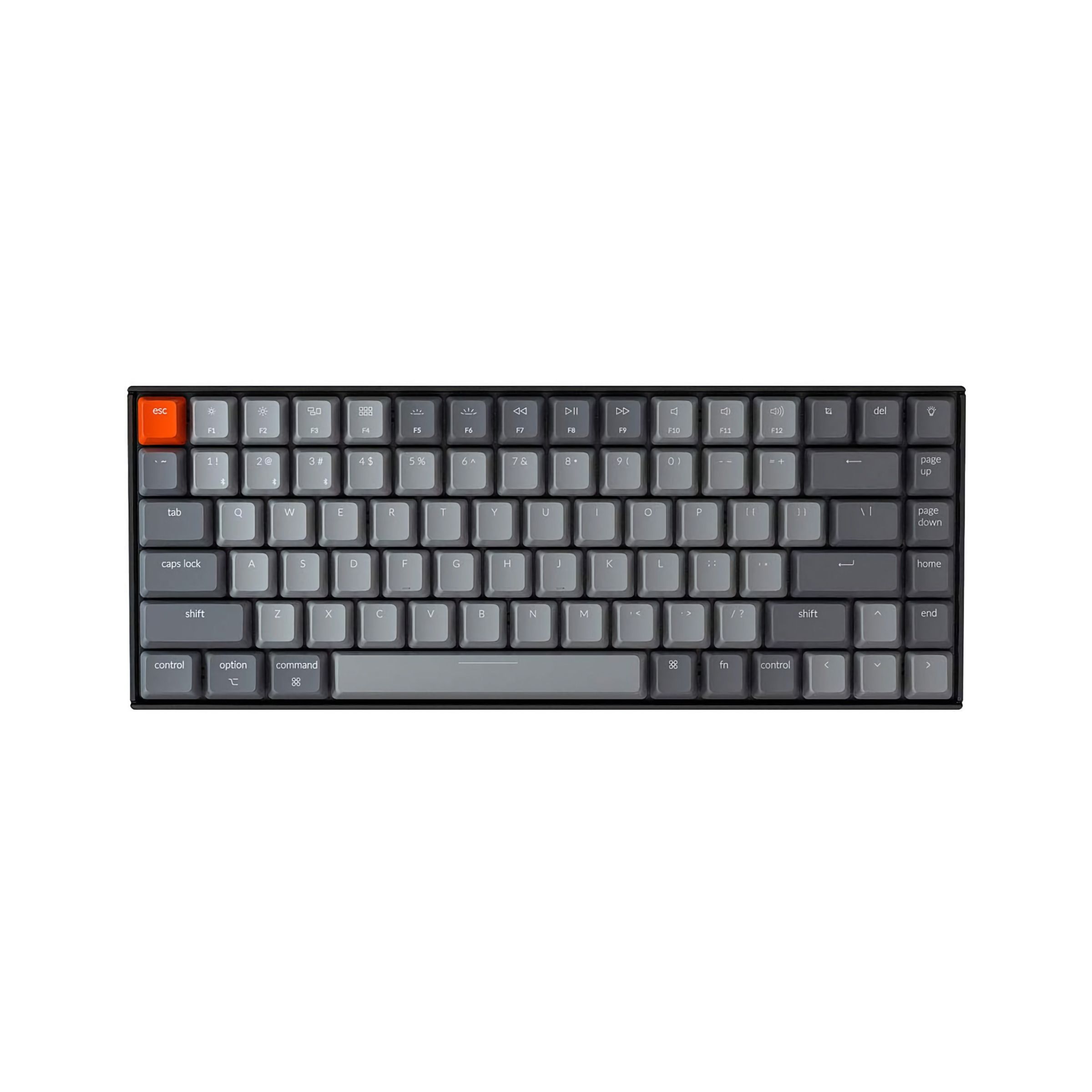 A grey mechanical keyboard with one orange key in the top left.