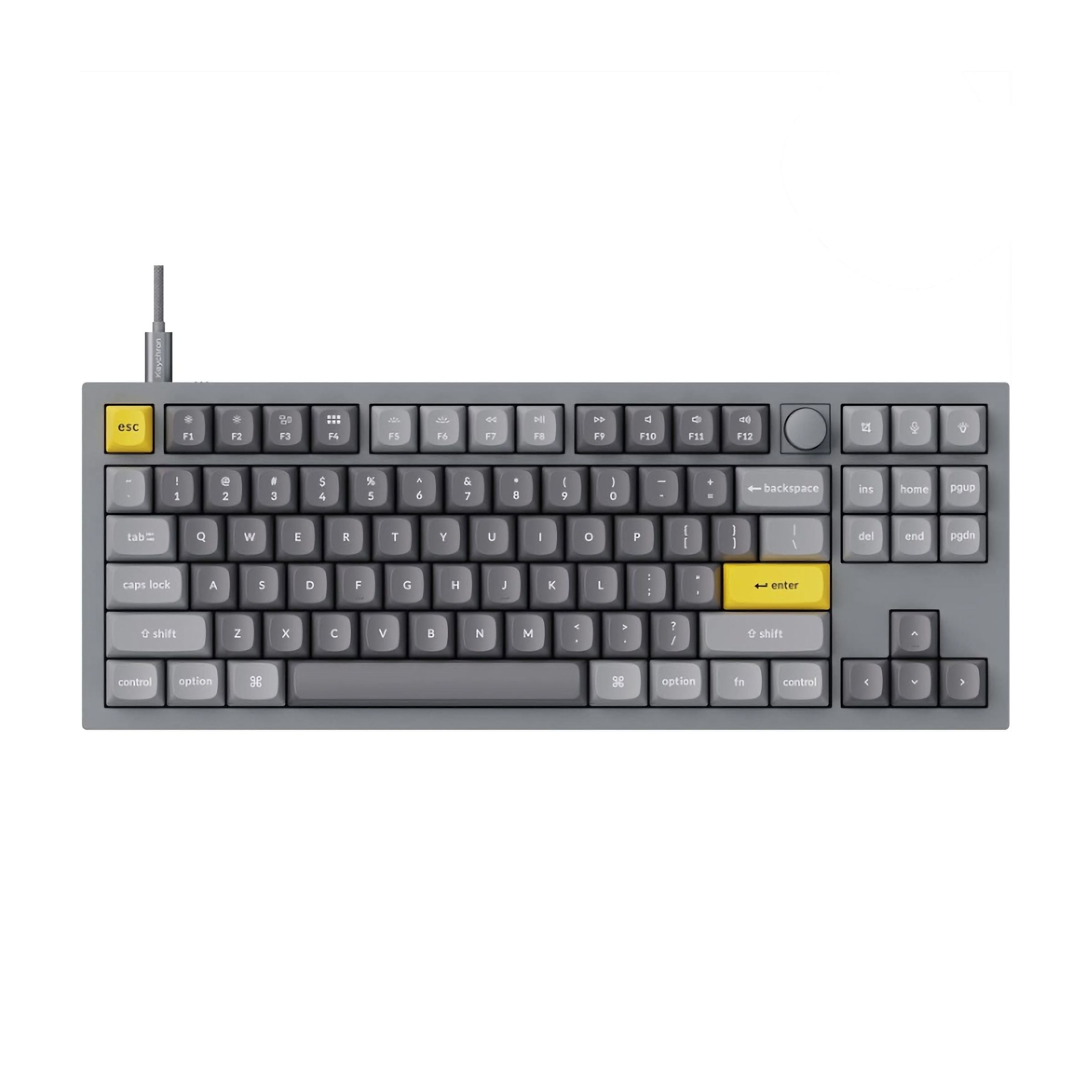 A mechanical keyboard with an aluminum frame and grey and yellow keys.