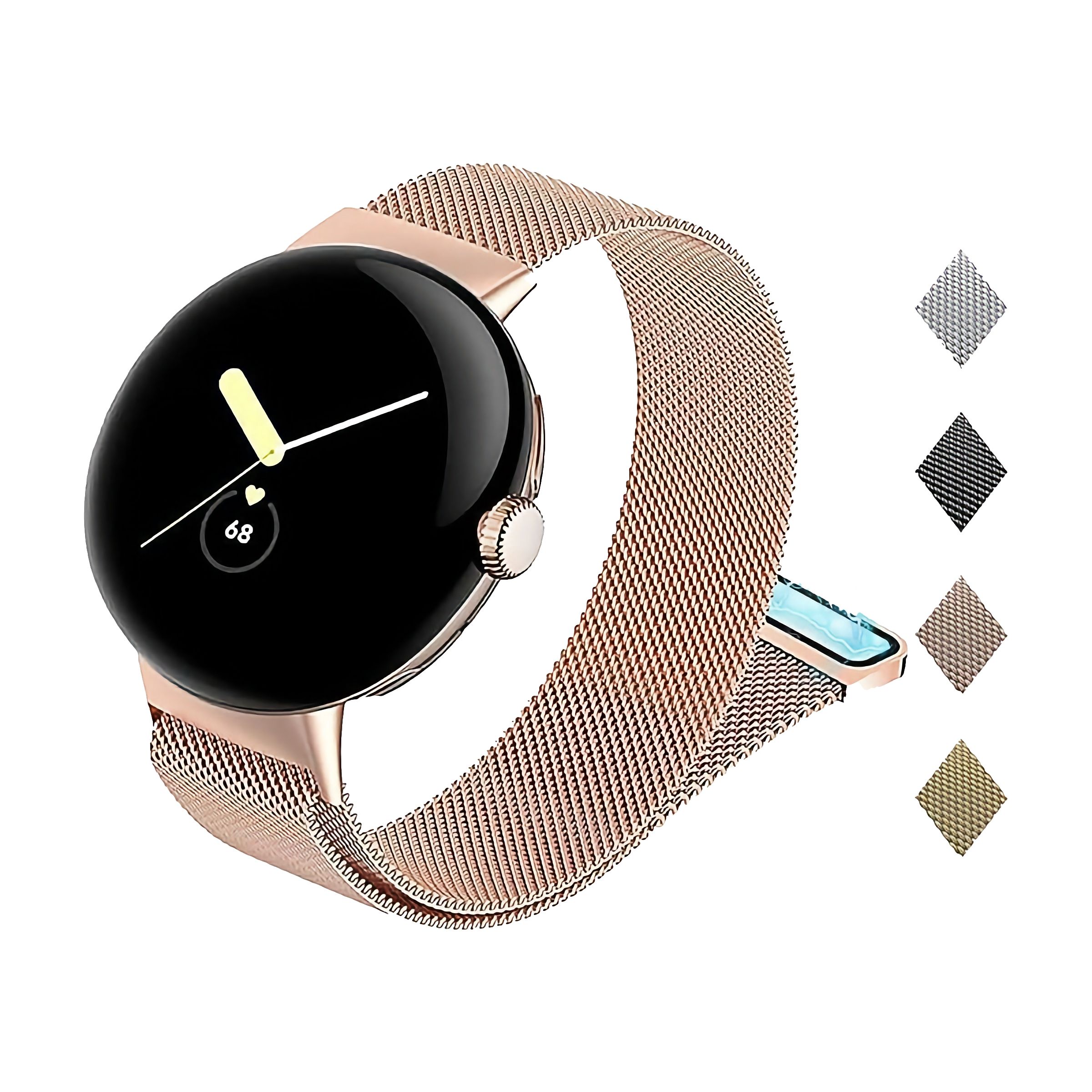 A rose gold metal mesh band attached to a round smartwatch.