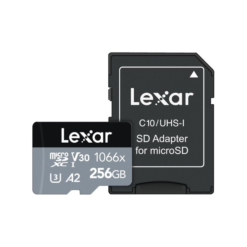 A black and gray microSD card with an SD card adapter.