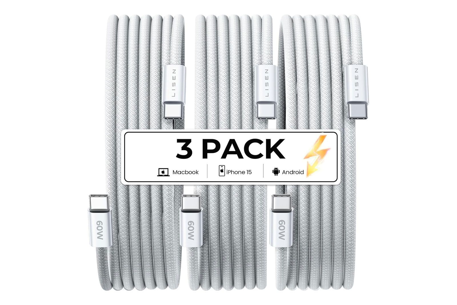 LISEN USB-C to USB-C Charger Cable 60W 3-Pack