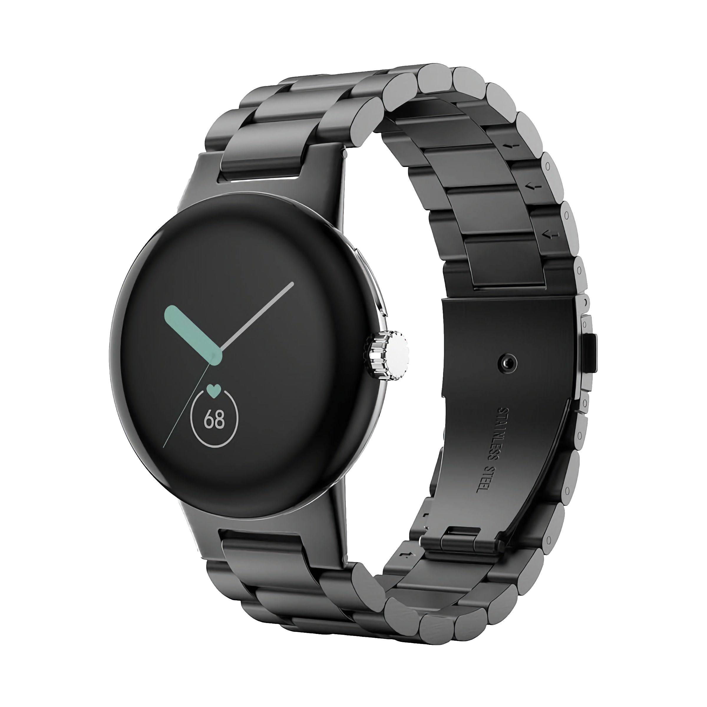 A dark grey metal band attached to a round smartwatch.