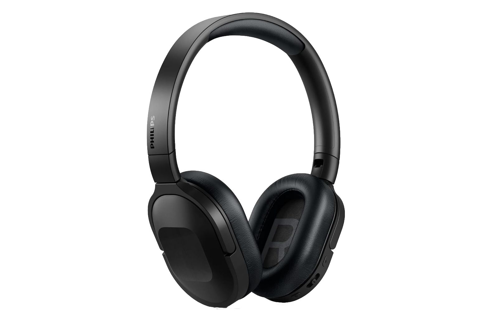 Black headphones with ear cups shaped like rounded rectangles and 