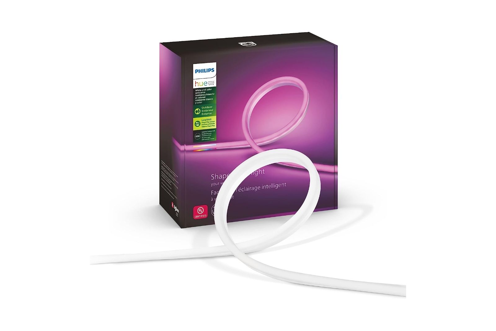 A purple box with a white light strip curled in front of it.