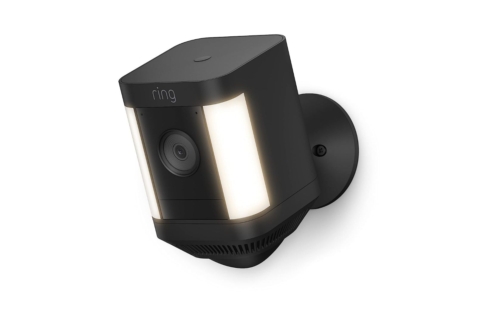 A black camera with two spotlights and a camera in the center.