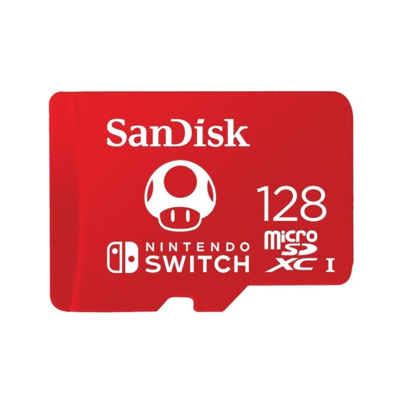 A red microSD card with a Mario Mushroom on it.