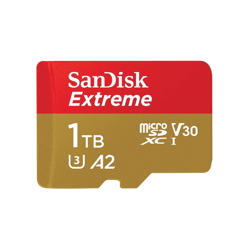 A microSD card with a red top, green bottom, and 
