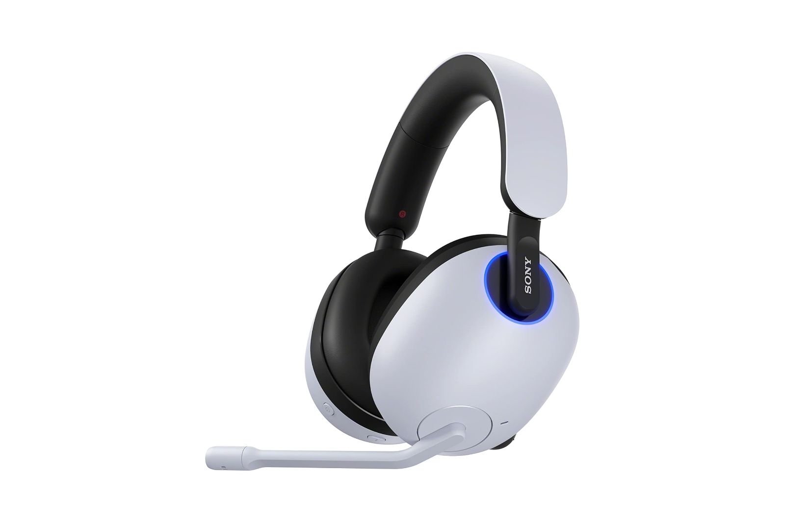 White headphones with black and blue accents and a mic arm.