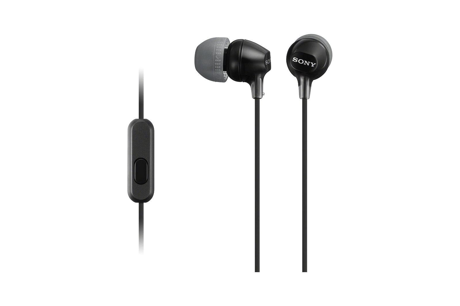 Black, wired Sony-branded in-ear headphones with a capsule microphone and rubber ear tips.