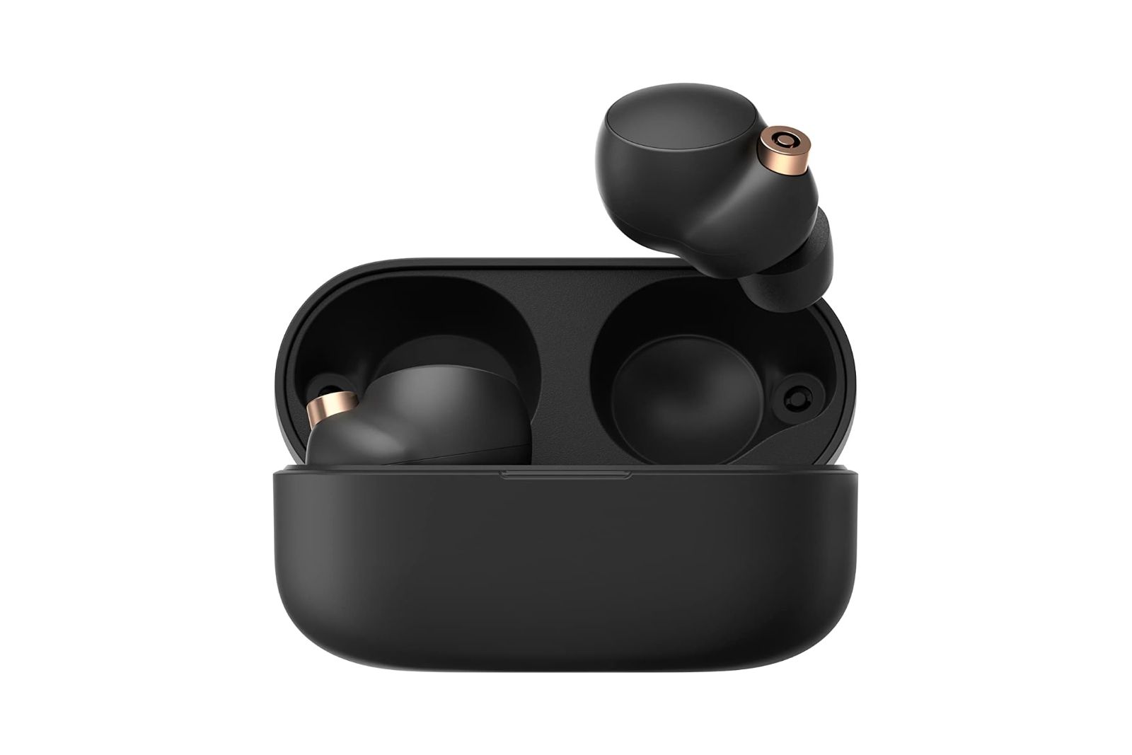 A black wireless earbuds case with two earbuds in it with gold accents.