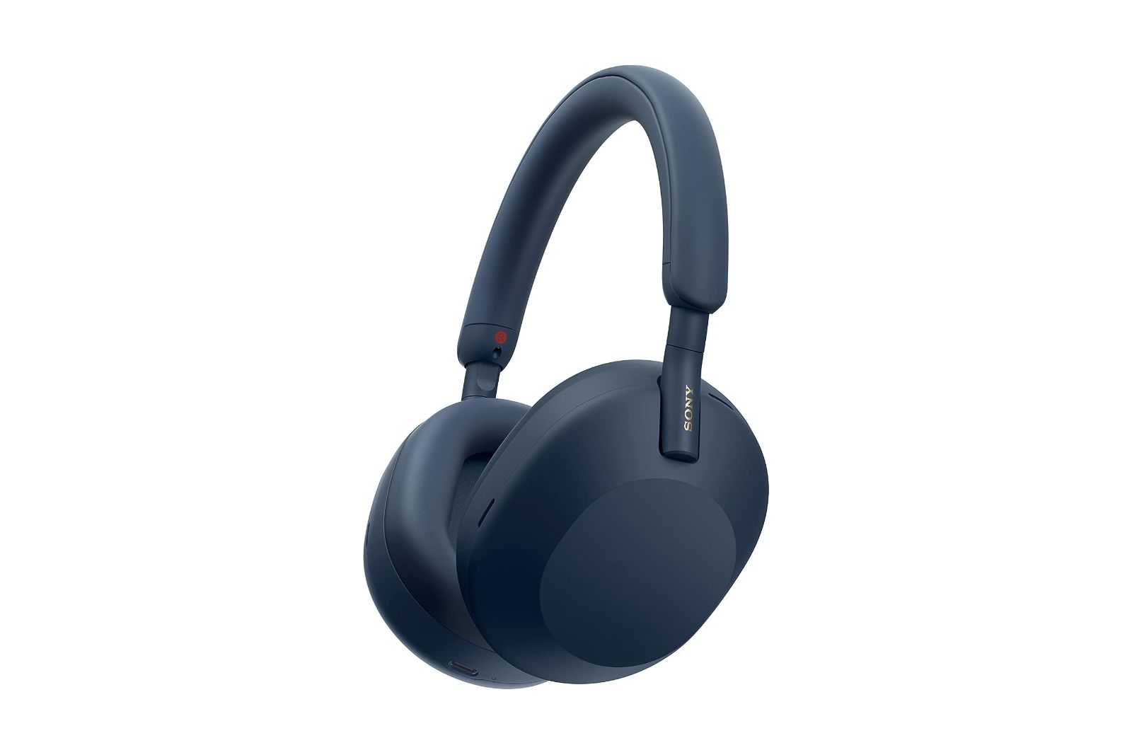 Blue, rounded Sony headphones, with a thin cushioned band.