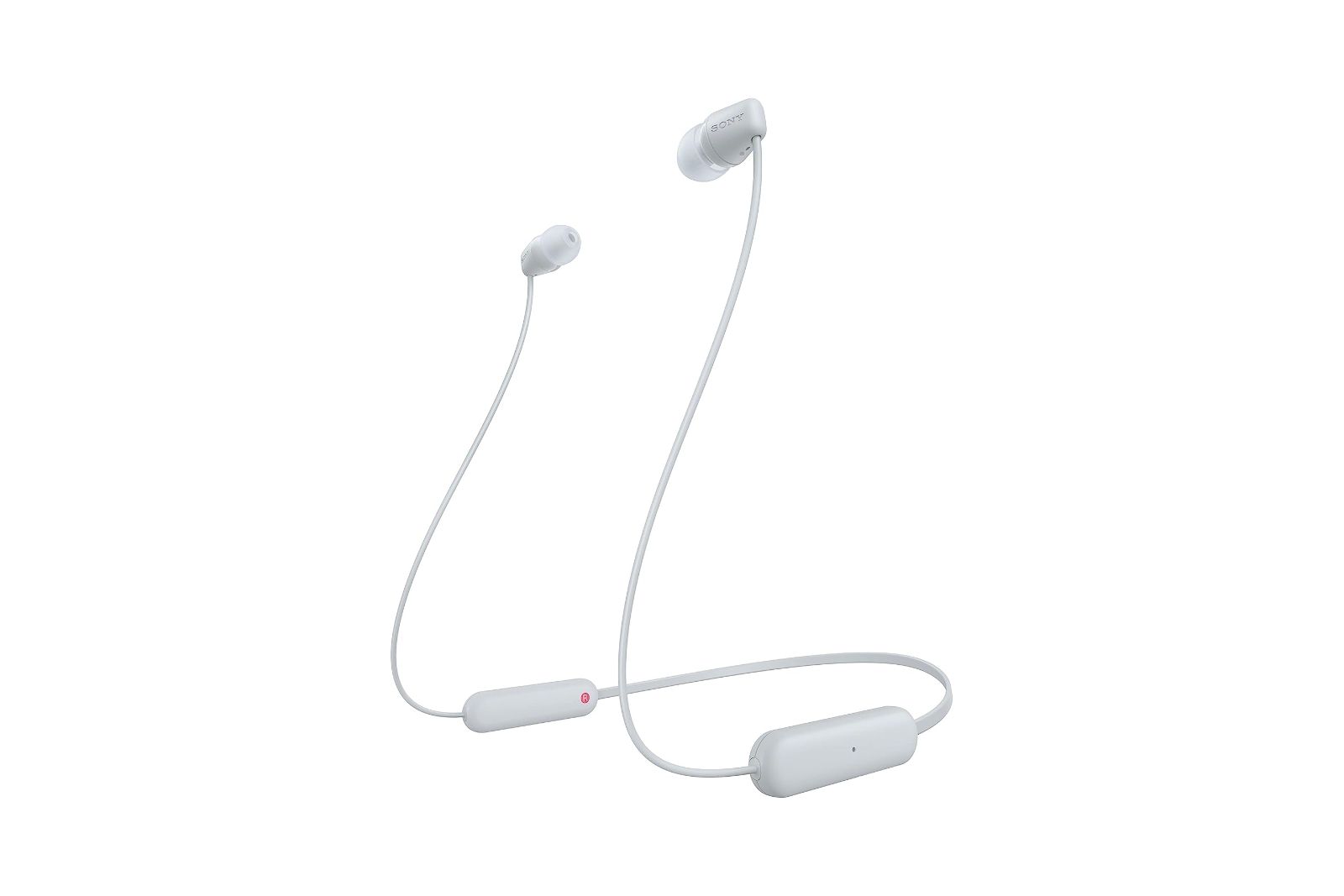 White, Sony-branded earbuds with battery capsules on either side and rubber ear tips.