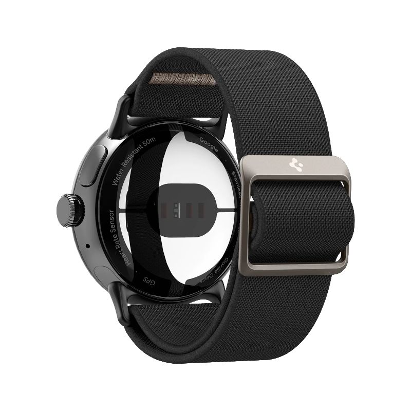 A black nylon band with a metal clasp, attached to a round smartwatch.